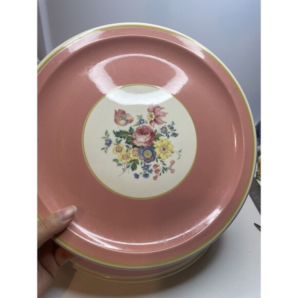 2 Syracuse China Econo-Rim Restaurant Ware 10" Dinner Plate Pink Band & flowers - Picture 2 of 8